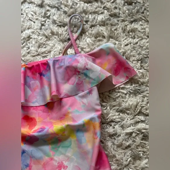 Cat & Jack Girls Swimsuit One-piece Size 8 watercolor Colorful Ruffled - Picture 3 of 8